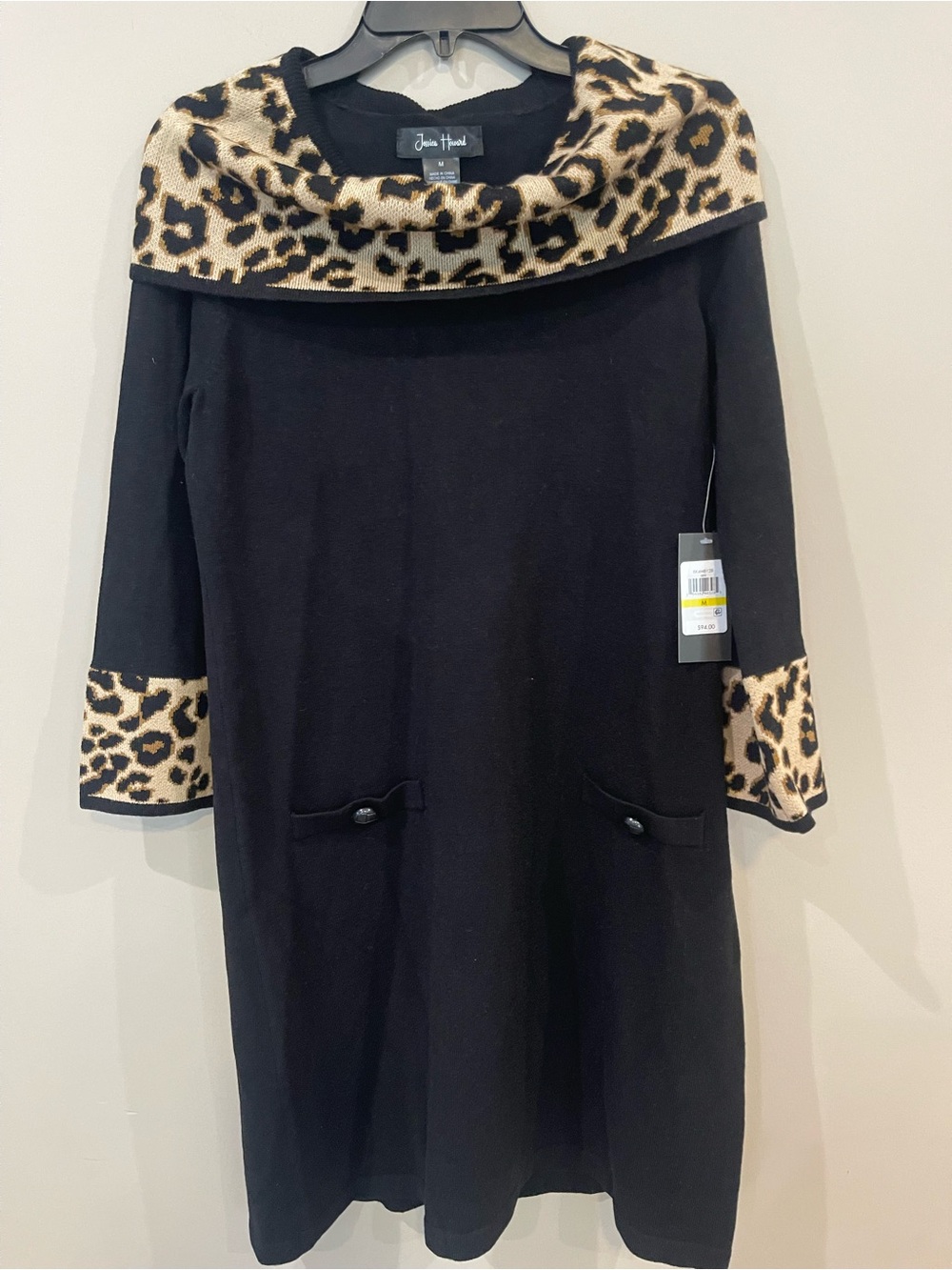 Jessica Howard Black Sweater Dress with Leopard Trim